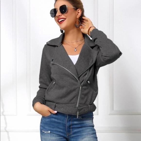 charcoal zipper pocket knit moto biker jacket coat - Picture 2 of 6